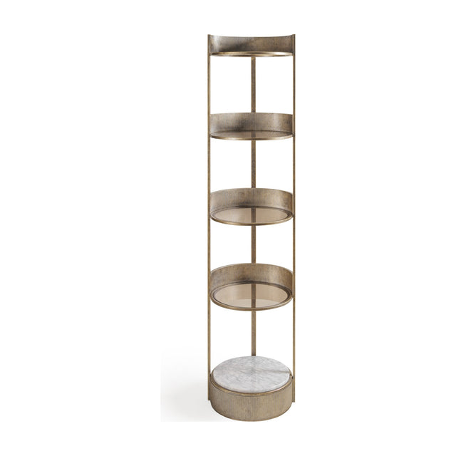 Libra Interiors Ribbed Iron & Marble round shelving unit in gold with five tiers, tinted glass shelves and white marble base, on a plain background.
