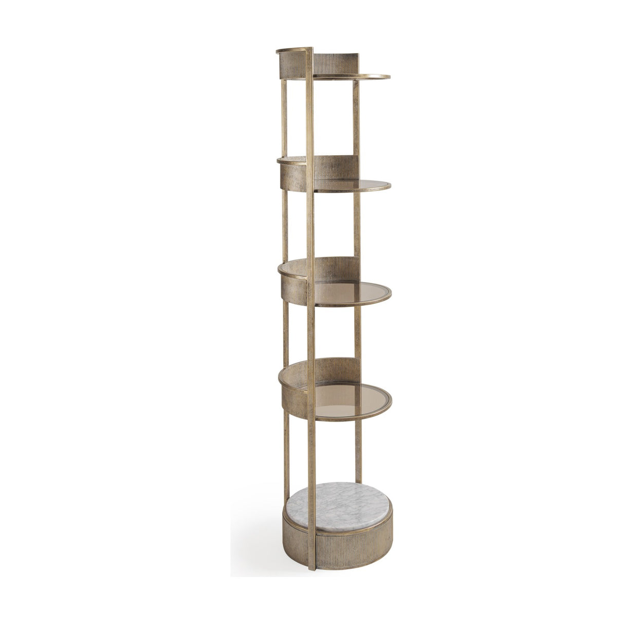 Libra Interiors Ribbed Iron & Marble round shelving unit in gold, with four tinted glass tiers and a white marble base, on a plain background.