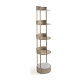 Libra Interiors Ribbed Iron & Marble round shelving unit in gold, with four tinted glass tiers and a white marble base, on a plain background.