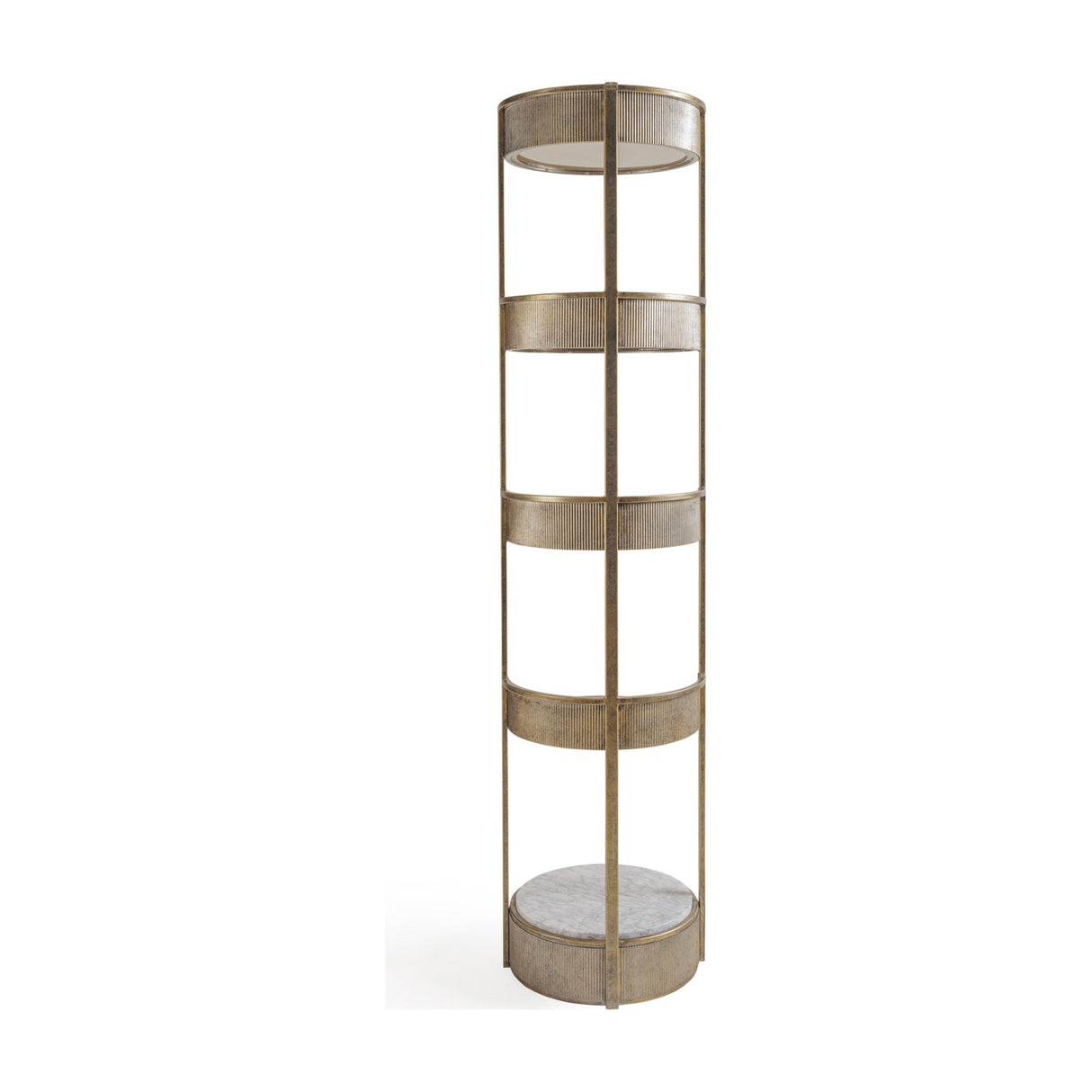 Libra Interiors Ribbed Iron & Marble round wall shelf in gold, five-tier column with ribbed champagne iron frame and white marble base, on plain background.