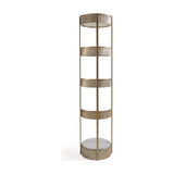 Libra Interiors Ribbed Iron & Marble round wall shelf in gold, five-tier column with ribbed champagne iron frame and white marble base, on plain background.