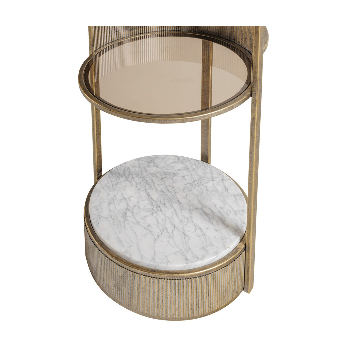 Libra Interiors Ribbed Iron & Marble Round Wall Shelf in gold, close view of the tinted glass tier and white Banswara marble base with ribbed surround.