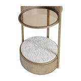 Libra Interiors Ribbed Iron & Marble Round Wall Shelf in gold, close view of the tinted glass tier and white Banswara marble base with ribbed surround.