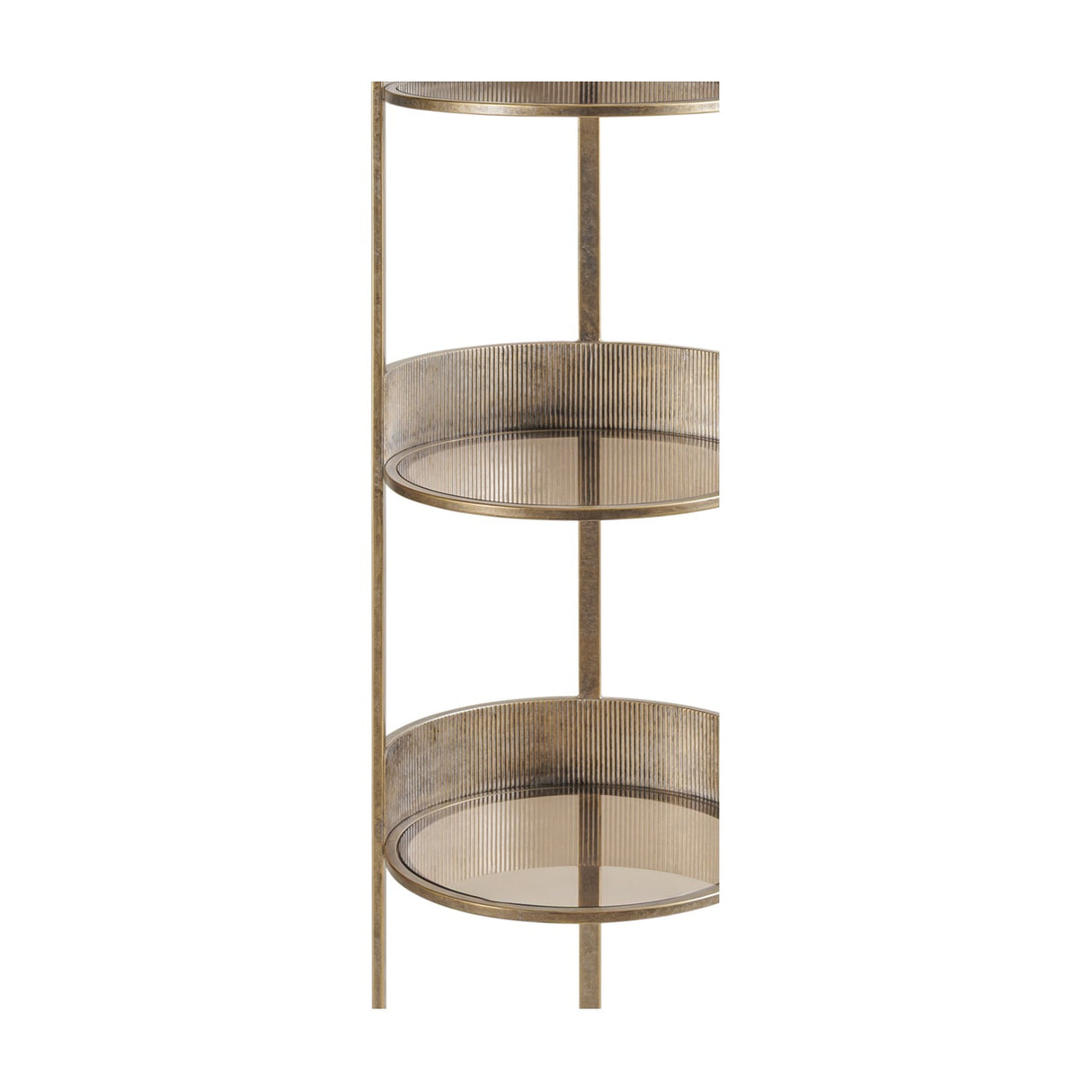 Close-up of the Libra Interiors Ribbed Iron & Marble Round Wall Shelf in gold, showing three round tiers with ribbed surrounds and brown-tinted glass.