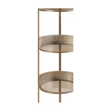 Close-up of the Libra Interiors Ribbed Iron & Marble Round Wall Shelf in gold, showing three round tiers with ribbed surrounds and brown-tinted glass.
