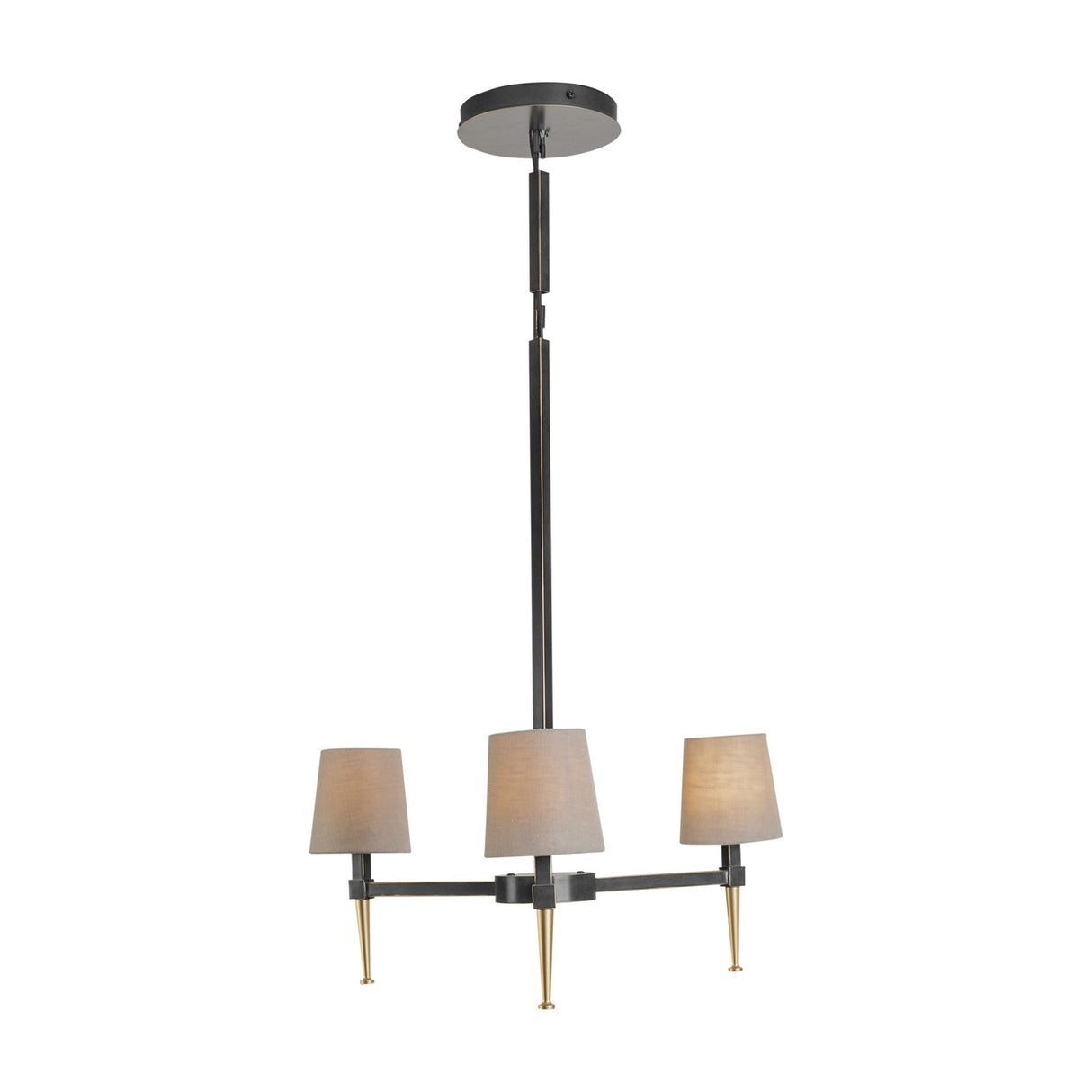 Libra Interiors 3-Light Linen Shade Bronze Chandelier with three tapered linen shades, bronze frame and gold accents, shown on a white background.