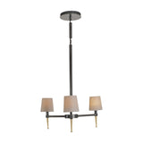 Libra Interiors 3-Light Linen Shade Bronze Chandelier with three tapered linen shades, bronze frame and gold accents, shown on a white background.