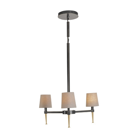 Libra Interiors 3-Light Linen Shade Bronze Chandelier with three tapered linen shades, bronze frame and gold accents, shown on a white background.