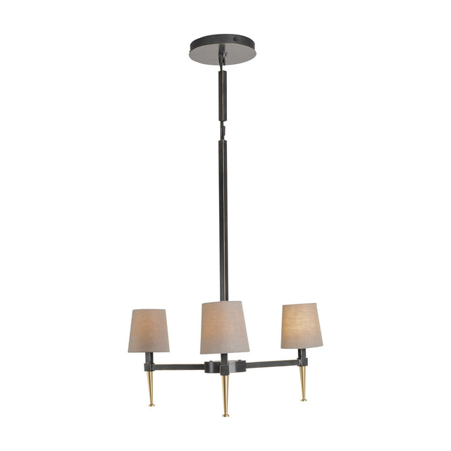 Libra Interiors 3-Light Linen Shade Bronze Chandelier with three tapered linen shades, bronze frame and gold accents, shown on a white background.