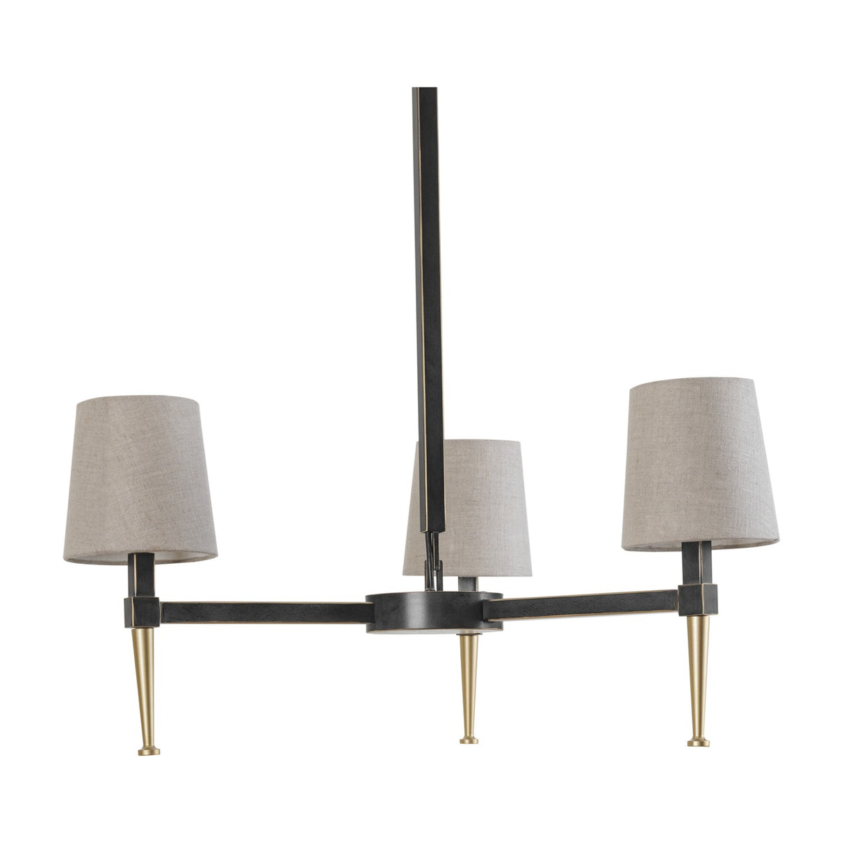 Libra Interiors 3-Light Linen Shade Bronze Chandelier with three pale linen shades, bronze arms, tapered brass feet, and adjustable drop, on white.