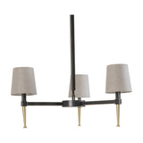 Libra Interiors 3-Light Linen Shade Bronze Chandelier with three pale linen shades, bronze arms, tapered brass feet, and adjustable drop, on white.