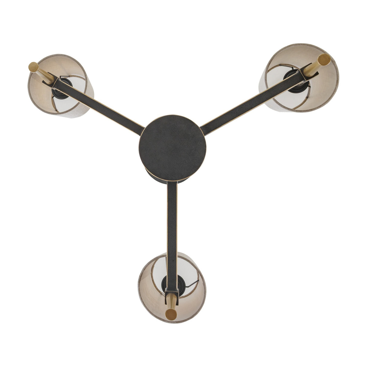 Top-down view of the Libra Interiors 3-Light Bronze Chandelier with three tapered arms and linen shades extending from a central disc on white.