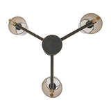 Top-down view of the Libra Interiors 3-Light Bronze Chandelier with three tapered arms and linen shades extending from a central disc on white.