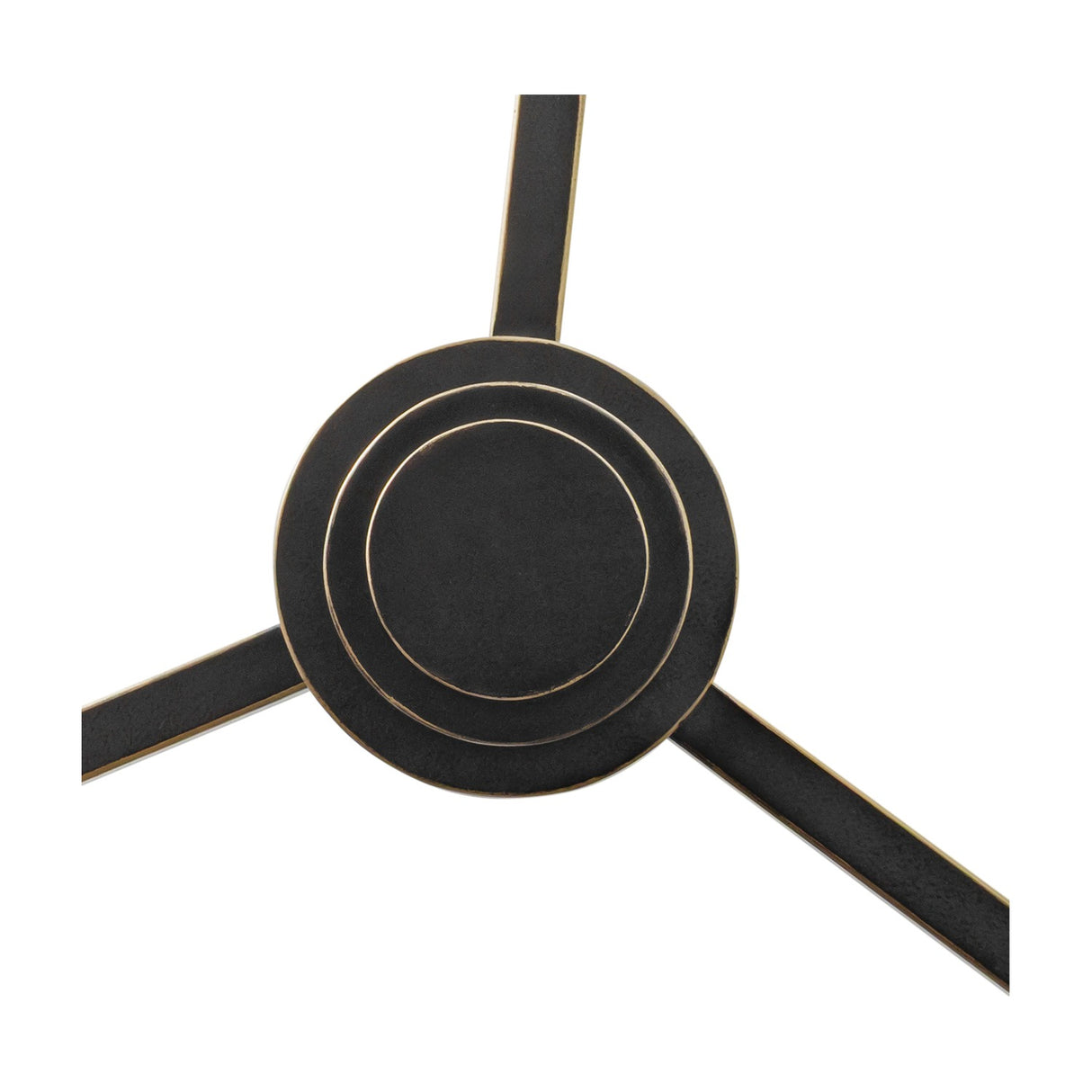 Close-up of the Libra Interiors 3-Light Linen Shade Bronze Chandelier's central hub, showing three tapered arms meeting a tiered bronze disc with gold edging.