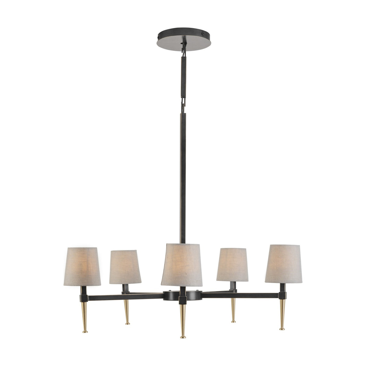 Libra Interiors Bronze Iron 5 Light Linen Chandelier with horizontal arms, pale linen tapered shades and brushed gold accents on a white background.