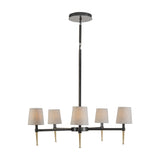 Libra Interiors Bronze Iron 5 Light Linen Chandelier with horizontal arms, pale linen tapered shades and brushed gold accents on a white background.
