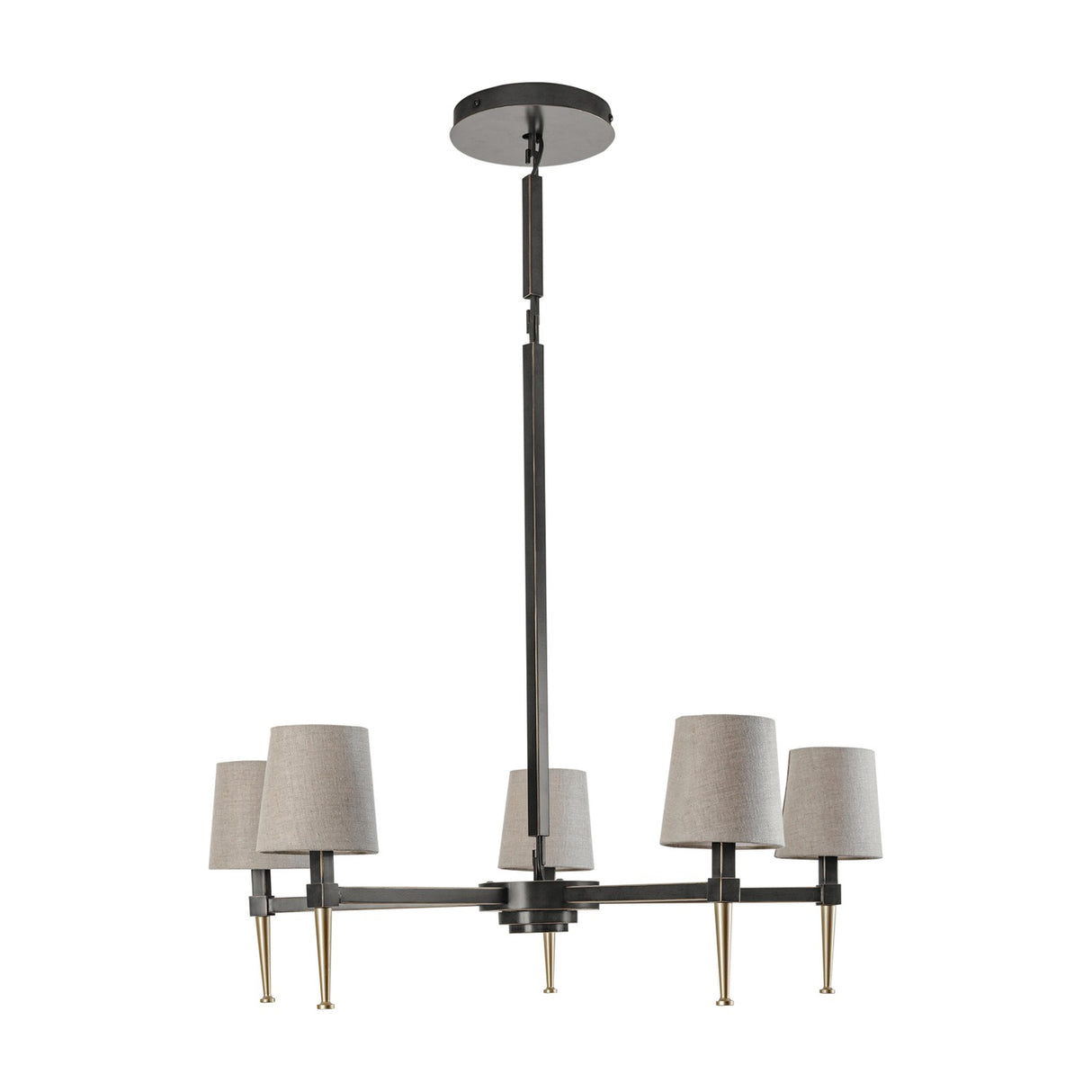 Libra Interiors Bronze Iron 5 Light Linen Chandelier with five pale linen shades on bronze arms with gold tapered tips, shown on a white background.
