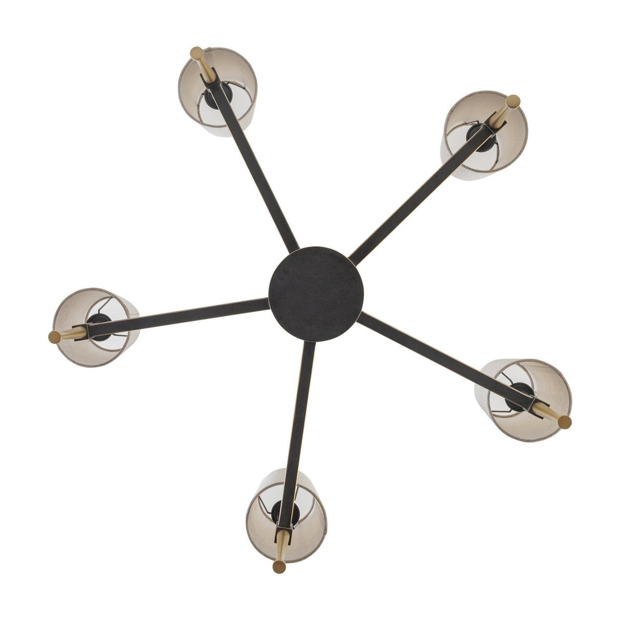 Top-down view of the Libra Interiors Bronze Iron 5 Light Linen Chandelier showing five arms radiating from a central hub with pale linen shades.