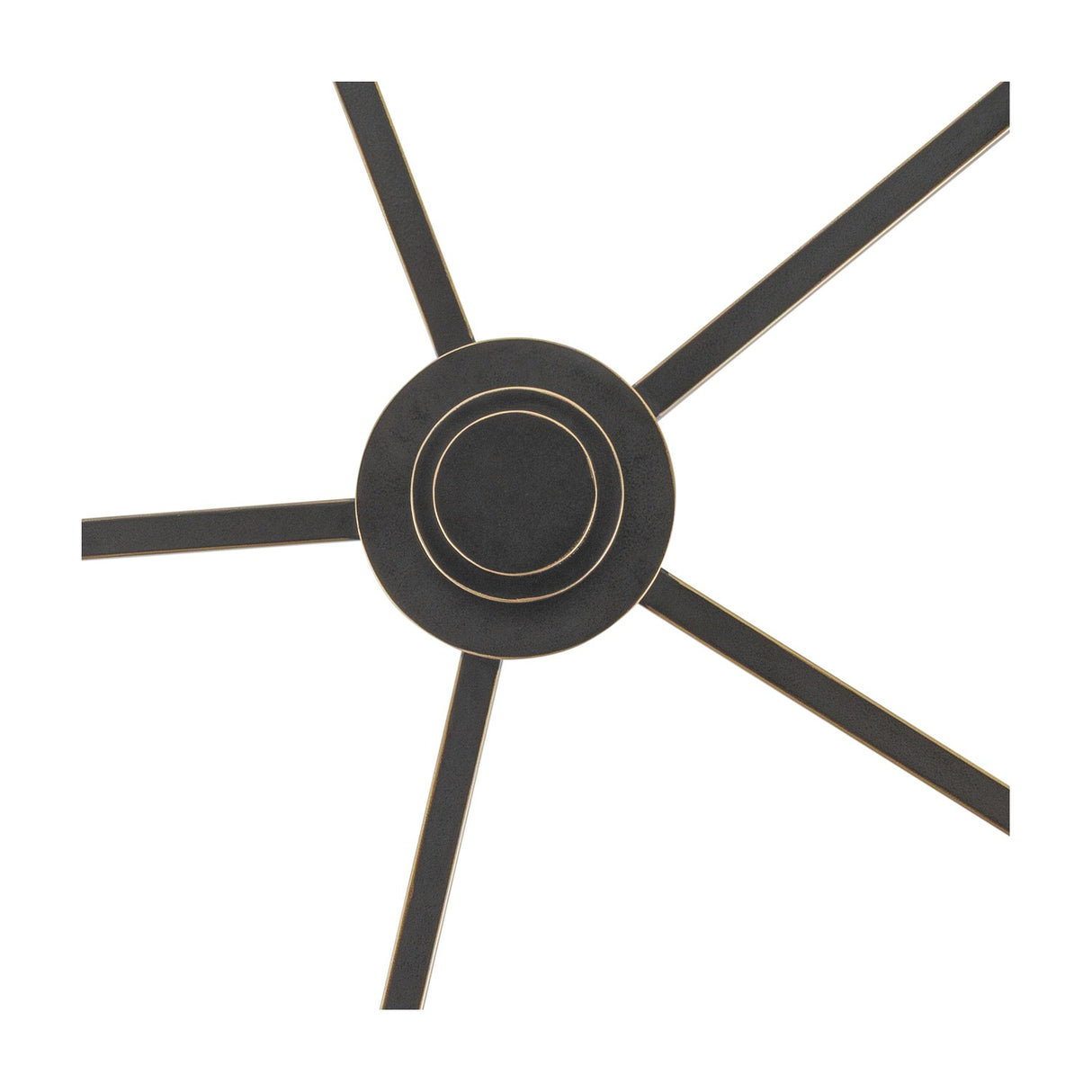 Close-up of the Libra Interiors Bronze Iron 5 Light Linen Chandelier hub, showing brushed bronze arms radiating from a gold-lined central disc.