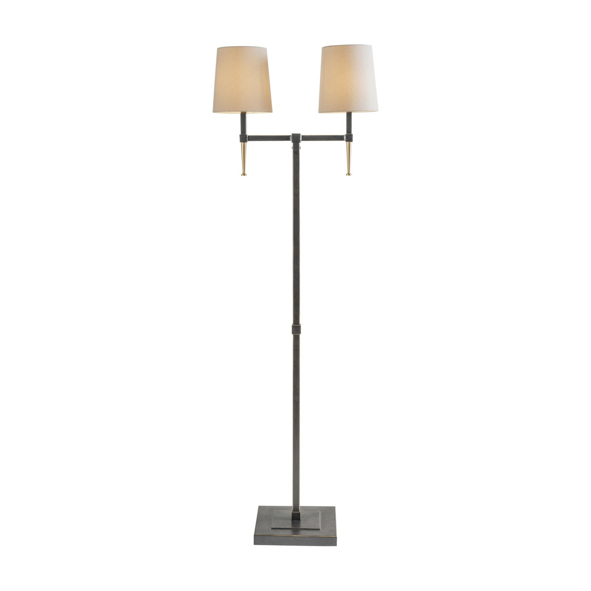 Libra Interiors Twin Shade Bronze Iron Floor Lamp with two bleached linen shades on slender arms, square base and gold accents, on a white background.