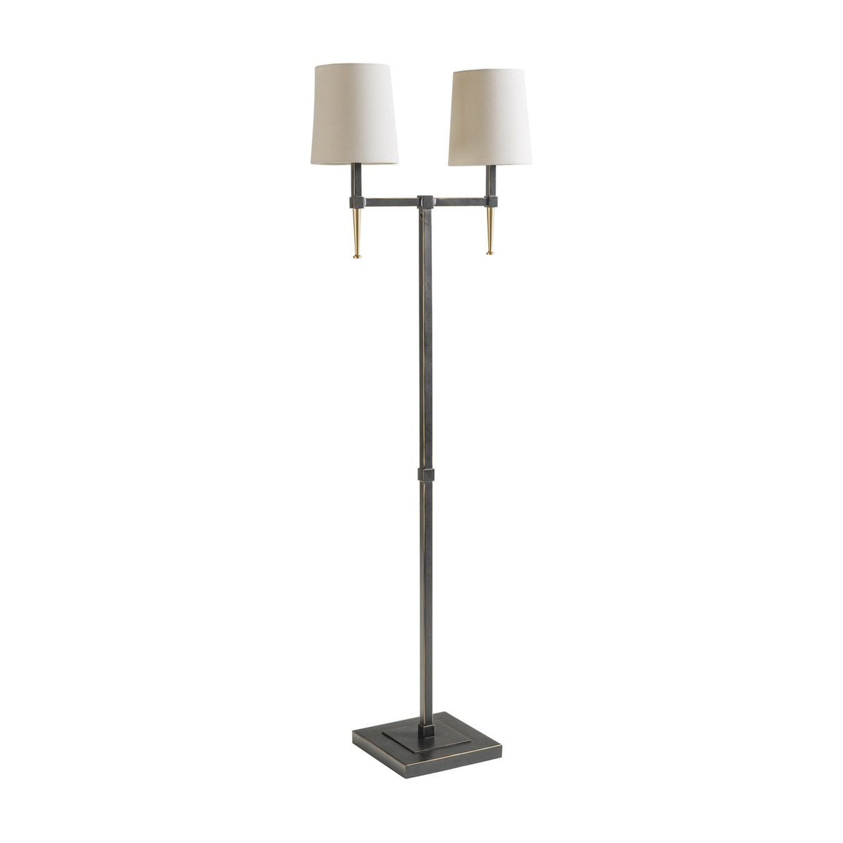 Libra Interiors Twin Shade Bronze Iron Floor Lamp with two bleached linen shades, gold accents and square base on a white background.