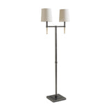 Libra Interiors Twin Shade Bronze Iron Floor Lamp with two bleached linen shades, gold accents and square base on a white background.