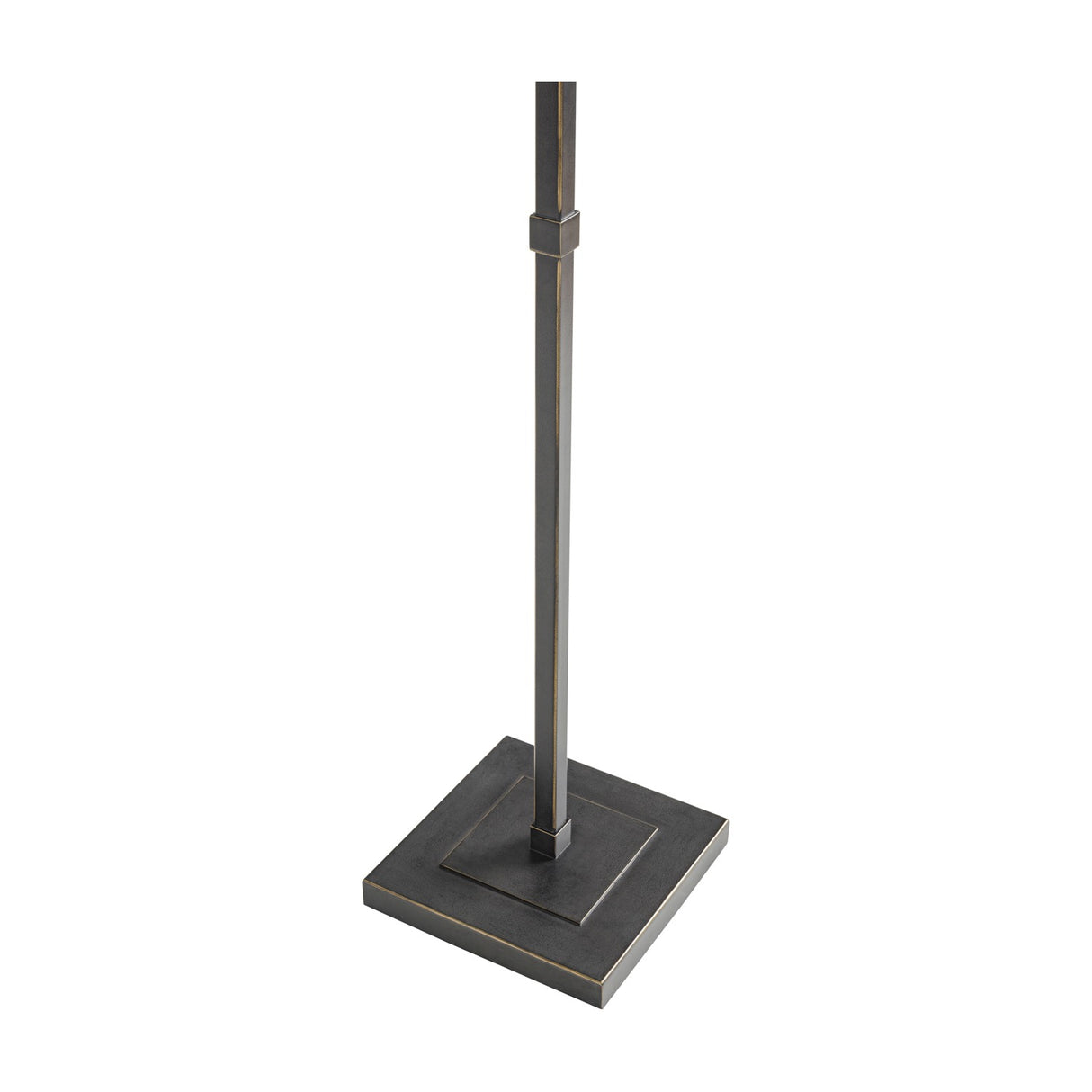 Libra Interiors Twin Shade Bronze Iron Floor Lamp detail showing the slender stem and square base in brushed bronze finish on a white background.