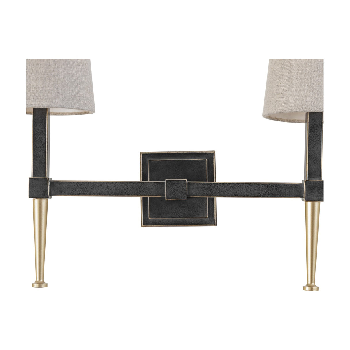 Libra Interiors Twin Linen Shade Bronze Wall Light with dark iron frame, square backplate, gold tapered feet and two bleached linen shades.