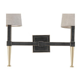 Libra Interiors Twin Linen Shade Bronze Wall Light with dark iron frame, square backplate, gold tapered feet and two bleached linen shades.