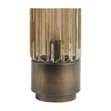 Libra Interiors Fluted Glass Uplighter Table Lamp in brown gold, close-up of the ribbed copper-toned glass shade and brushed bronze iron cylindrical base.