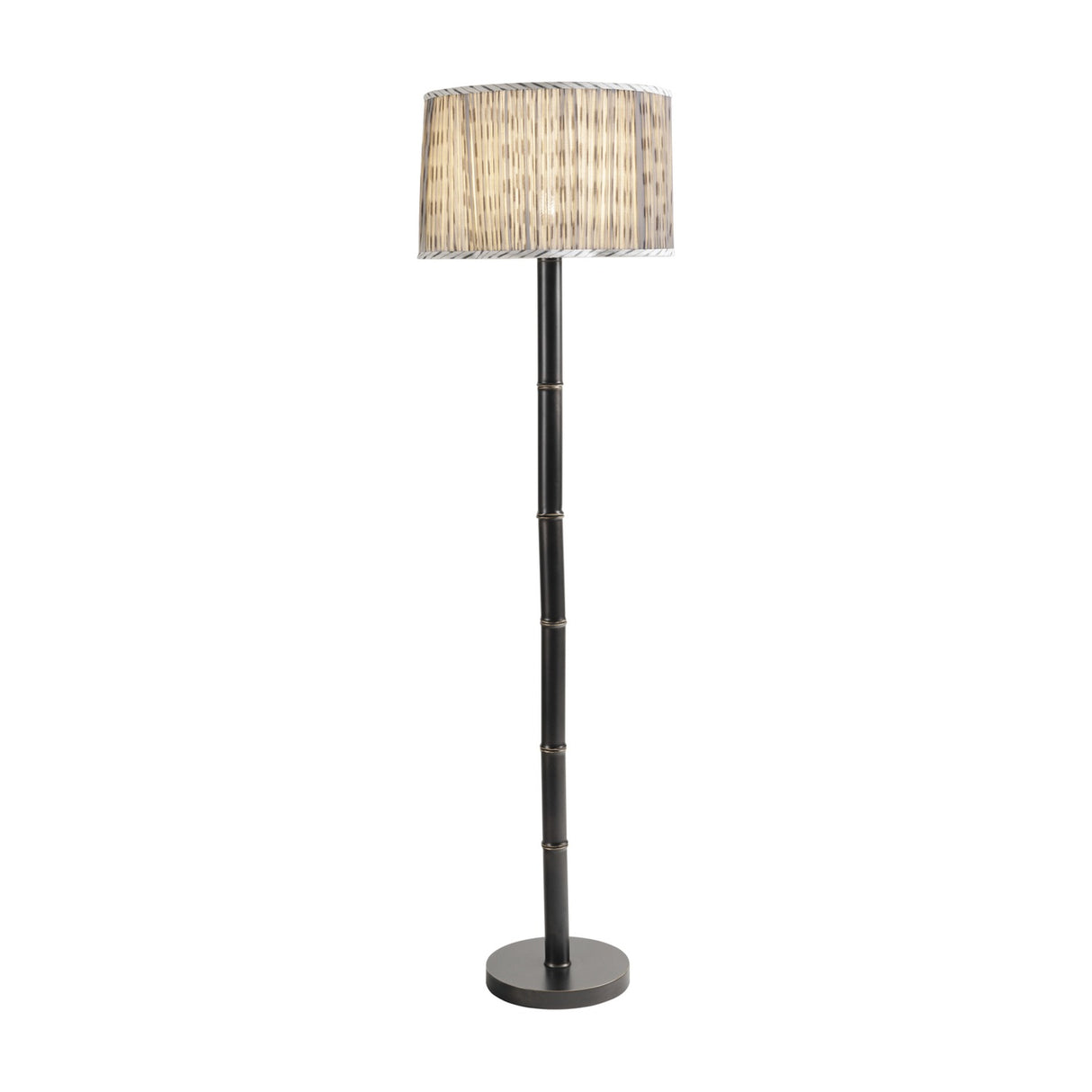 Libra Interiors Bamboo-Effect Ikat Shade floor lamp in bronze with a ribbed iron stem and pleated grey ikat linen drum shade, on a plain background.