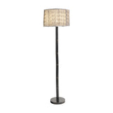 Libra Interiors Bamboo-Effect Ikat Shade floor lamp in bronze with a ribbed iron stem and pleated grey ikat linen drum shade, on a plain background.