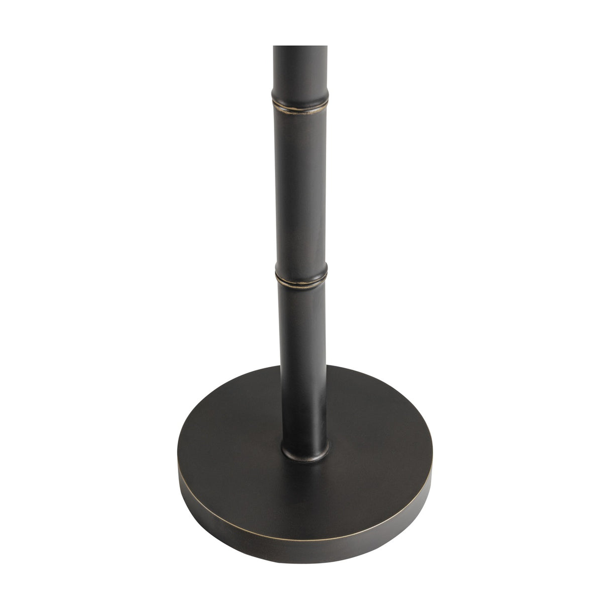 Libra Interiors Bamboo-Effect floor lamp base in gilded dark bronze iron, showing ribbed cane-like upright on a round weighted base against a white background.