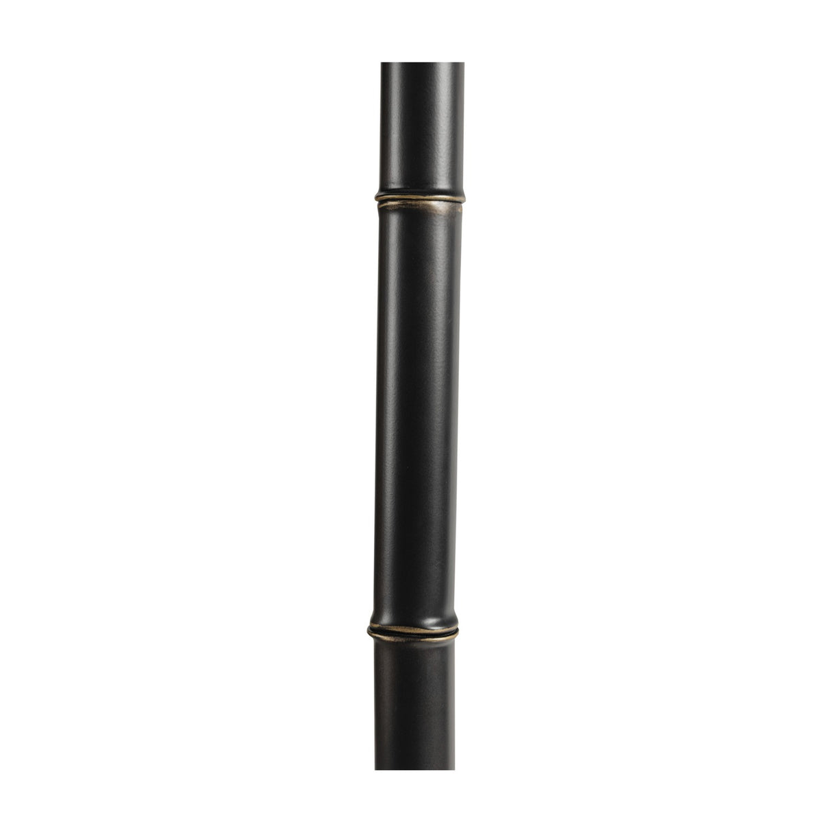 Close-up of the Libra Interiors Bamboo-Effect Ikat Shade Floor Lamp base, showing the iron upright with ribbed bamboo-style segments in gilded dark bronze.