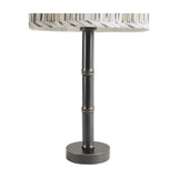Libra Interiors Bamboo-Effect Pleated Ikat table lamp base in dark bronze iron with ribbed column and grey ikat pleated shade edge, on white.