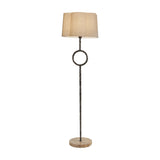 Libra Interiors Hammered Iron floor lamp with dark bronze stem, circular ring detail, forest brown marble base and scalloped natural linen shade.