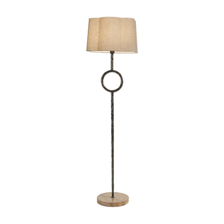 Libra Interiors Hammered Iron floor lamp with dark bronze stem, circular ring detail, forest brown marble base and scalloped natural linen shade.