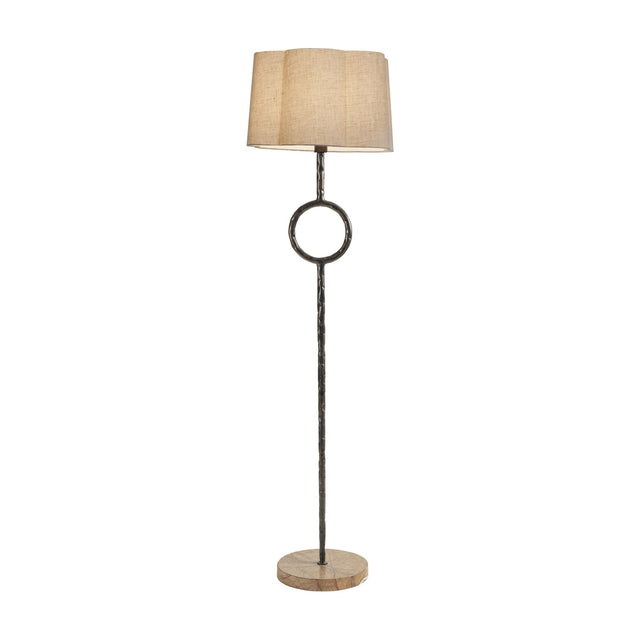 Libra Interiors Hammered Iron floor lamp with dark bronze stem, circular ring detail, forest brown marble base and scalloped natural linen shade.