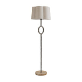 Libra Interiors Hammered Iron floor lamp in dark bronze with circular stem detail, forest brown marble base and scalloped natural linen shade.
