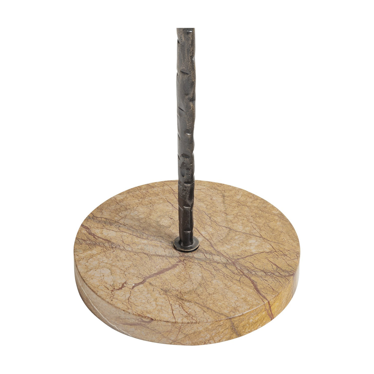 Libra Interiors Hammered Iron Marble Base Floor Lamp in bronze, close view of the dark hammered iron stem set into a round forest brown marble base.