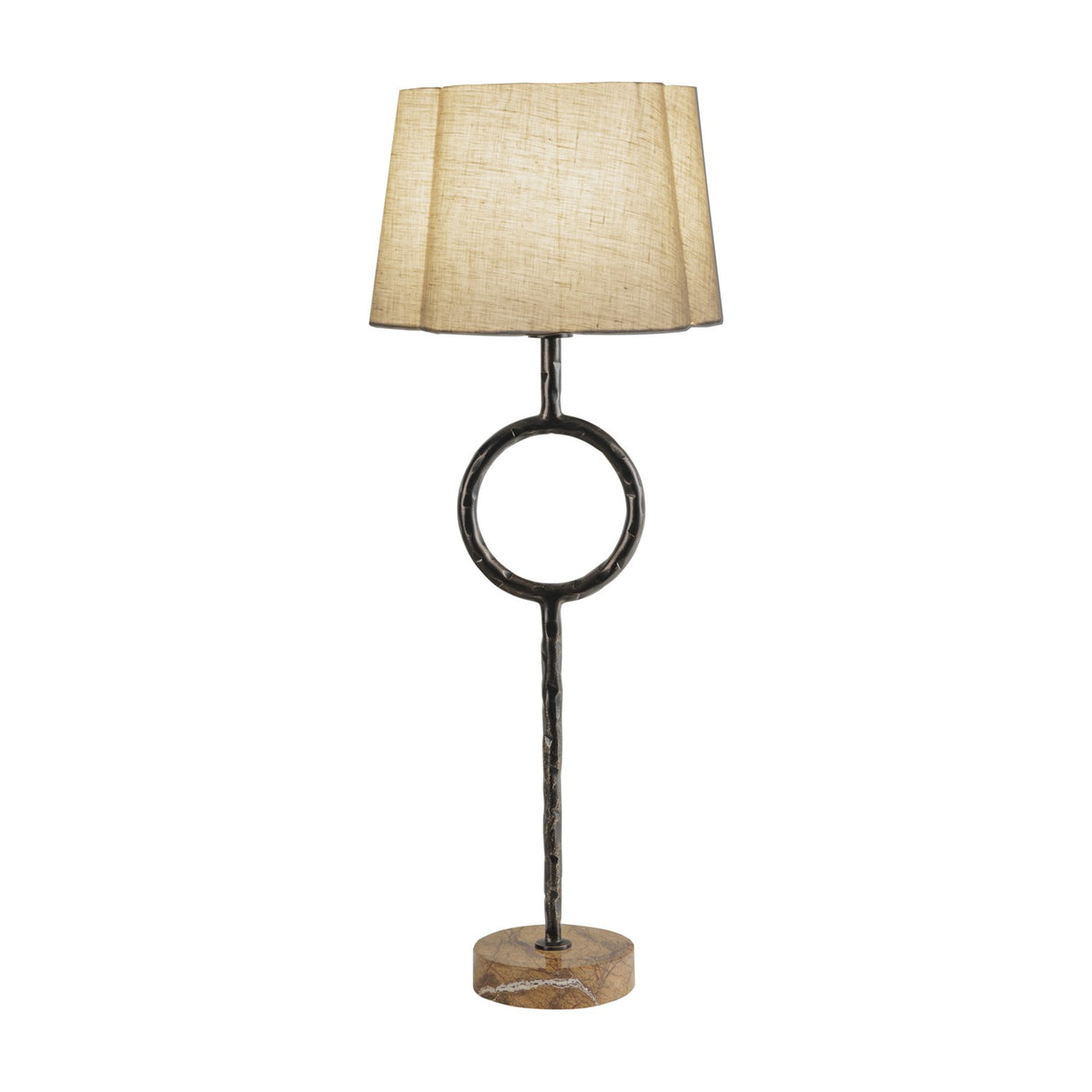 Libra Interiors Hammered Iron Ring Table Lamp in bronze with a hammered stem, circular ring detail, marble base and scalloped linen shade.