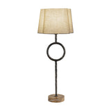 Libra Interiors Hammered Iron Ring Table Lamp in bronze with a hammered stem, circular ring detail, marble base and scalloped linen shade.