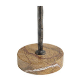 Close-up of the Libra Interiors Hammered Iron Ring Table Lamp base, showing the hammered dark bronze iron stem set on a polished forest brown marble disc.