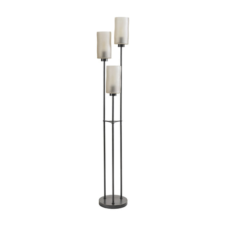 Libra Interiors Frosted Glass 3 Light Floor Lamp in black, with three slim iron pillars and staggered frosted glass flute shades on a round base.