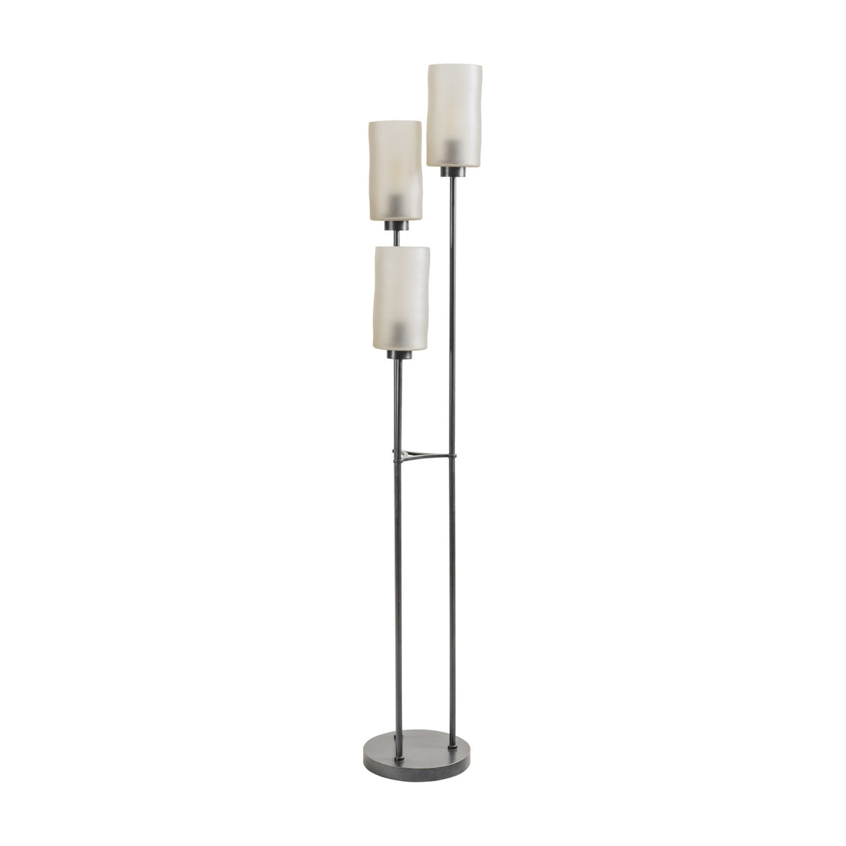 Libra Interiors Frosted Glass 3 Light Floor Lamp in black with three tiered frosted glass flute shades on slim iron pillars and a round base.