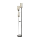 Libra Interiors Frosted Glass 3 Light Floor Lamp in black with three tiered frosted glass flute shades on slim iron pillars and a round base.