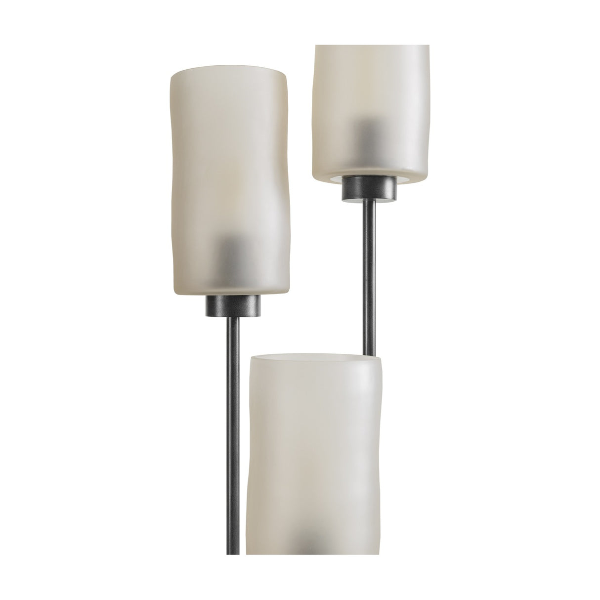 Close-up of Libra Interiors Frosted Glass 3 Light Floor Lamp in black, showing three staggered frosted glass flute shades on slim matt black iron stems.