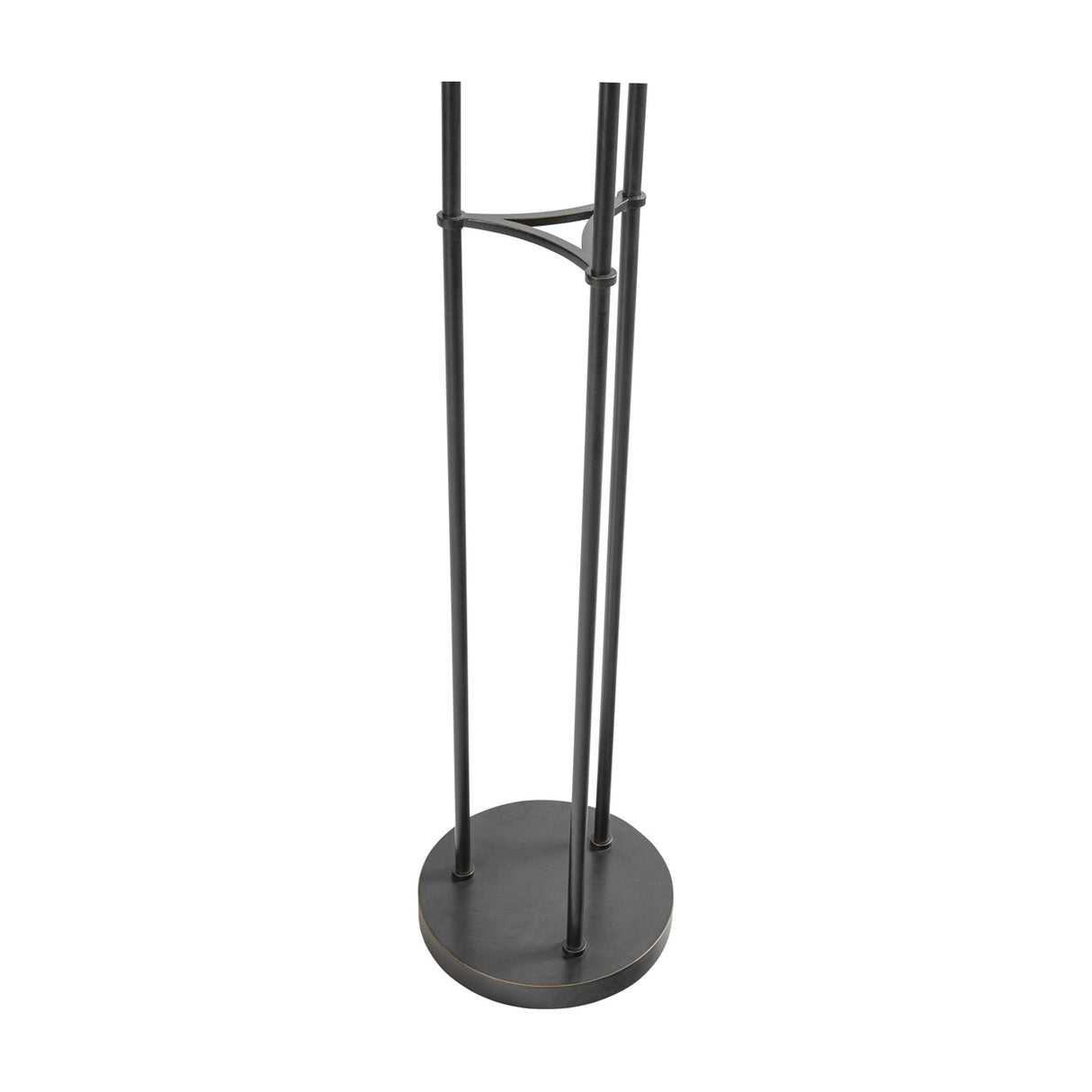 Libra Interiors Frosted Glass 3 Light Floor Lamp in black, showing the circular base and three slender iron pillars with a curved brace detail.