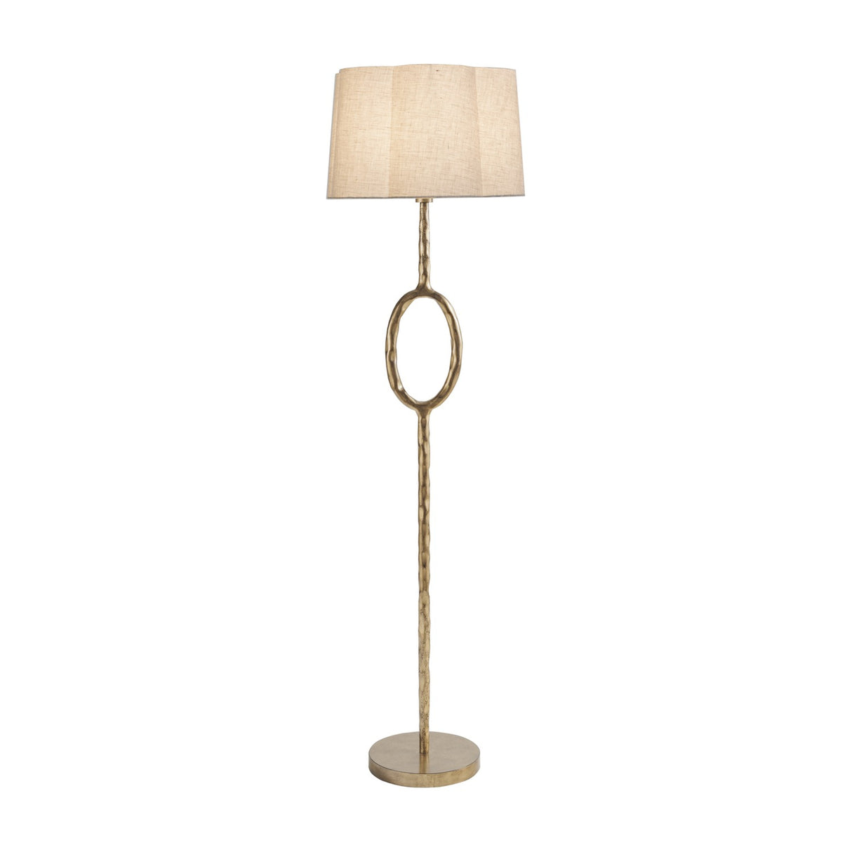 Libra Interiors Hammered Oval Gold Floor Lamp with slender iron stem, open oval detail, champagne gold finish and scalloped ivory linen shade.