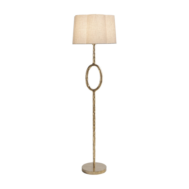 Libra Interiors Hammered Oval Gold Floor Lamp with slender iron stem, open oval detail, champagne gold finish and scalloped ivory linen shade.